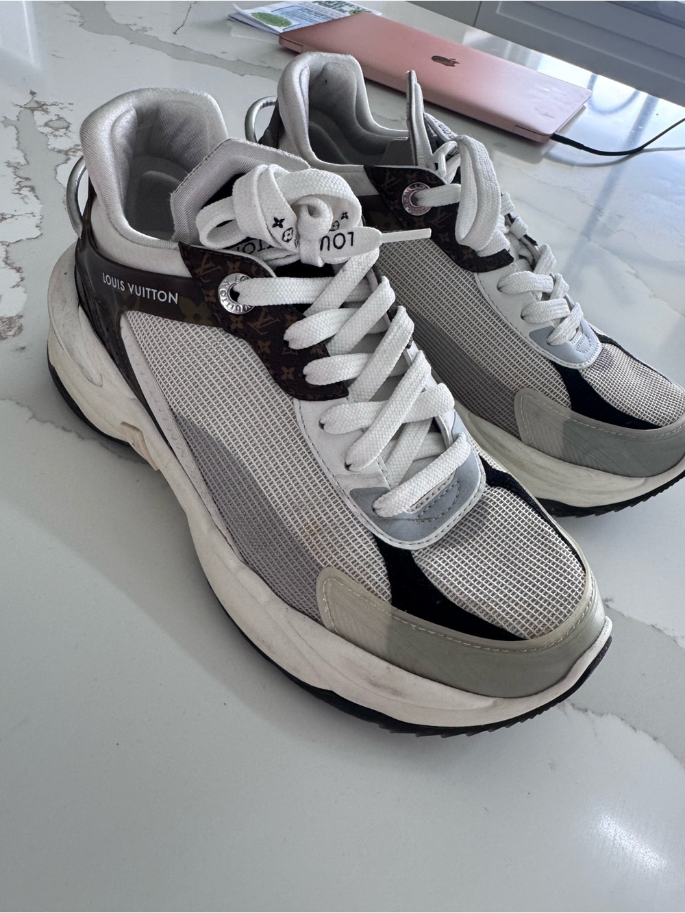Louis Vuitton Gray, White & Black Men's Mesh Sneakers with Monogram Trim